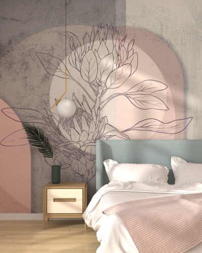 Geometric wall mural for the bedroom with protea flower