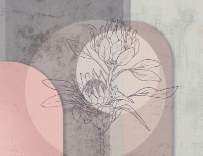 Geometric wall mural with protea flower in gray and pink colors