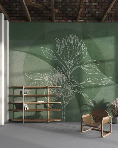 Floral wall mural for the living room with oversized protea and geometric background