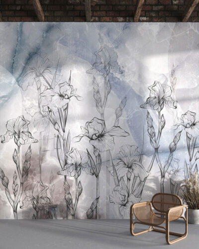 Line art irises and marble wall mural for the living room