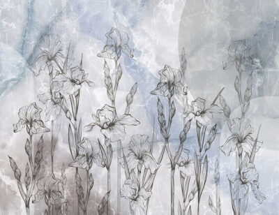 Line art irises on gray and blue marble wall mural