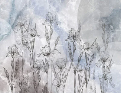 Line art irises on gray and blue marble wall mural