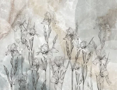 Line art irises on gray and brown marble wall mural