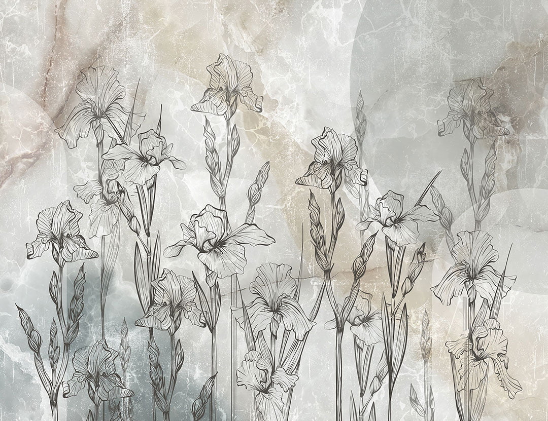 Line art irises on gray and brown marble wall mural