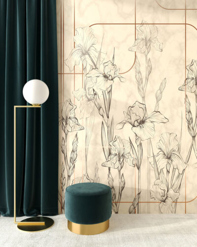 Minimalistic iris flowers in art-deco style wall mural for the living room