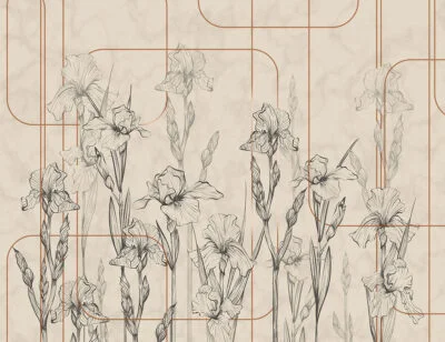 Beige minimalistic iris flowers wall mural in art-deco style