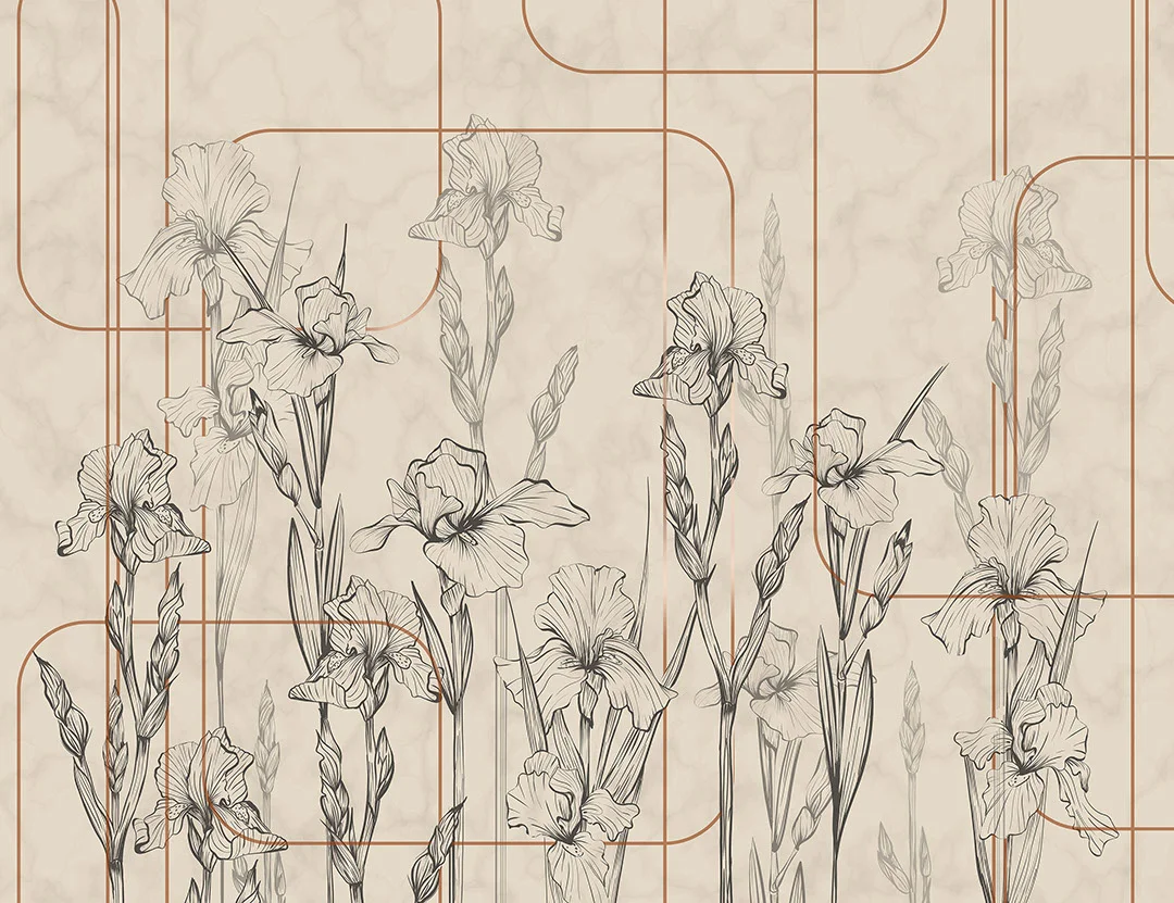Beige minimalistic iris flowers wall mural in art-deco style