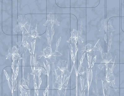 Blue minimalistic iris flowers wall mural in art-deco style