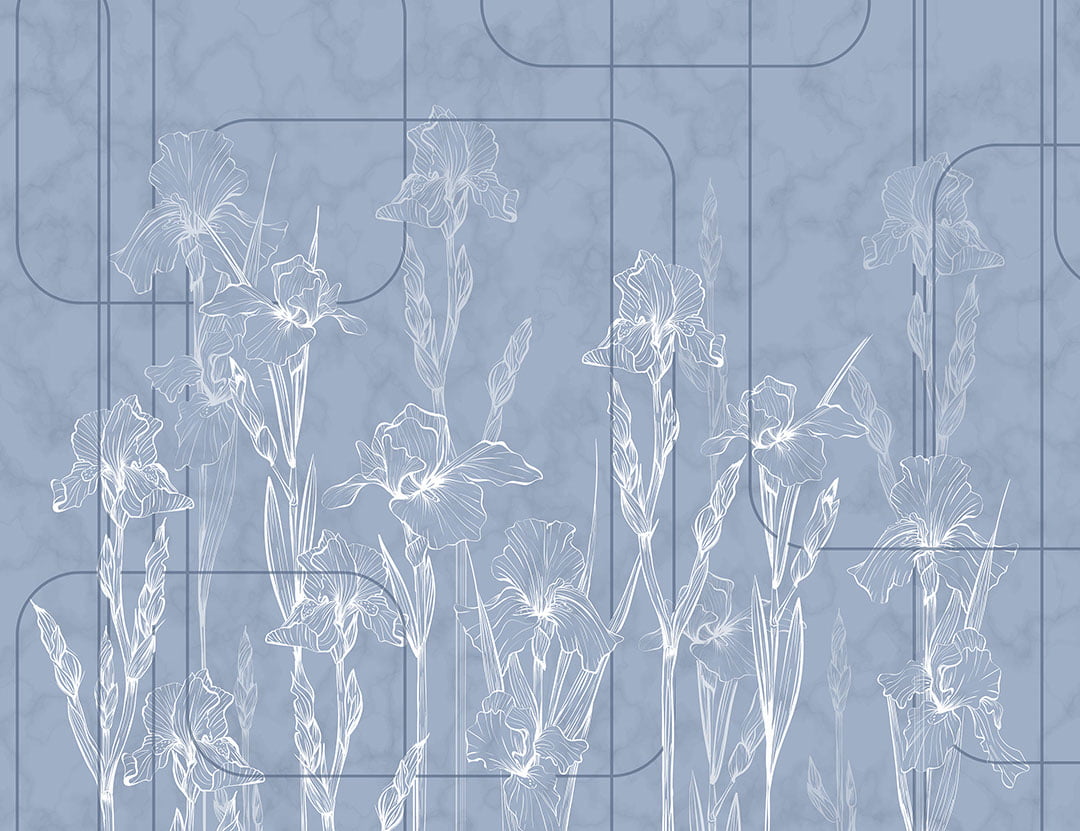 Blue minimalistic iris flowers wall mural in art-deco style