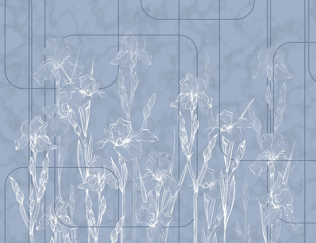 Blue minimalistic iris flowers wall mural in art-deco style