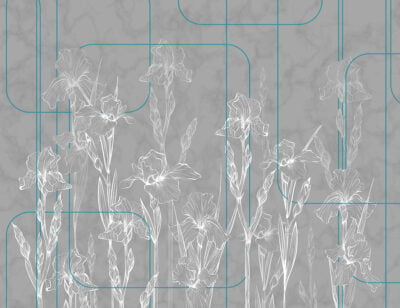 Gray minimalistic iris flowers wall mural in art-deco style