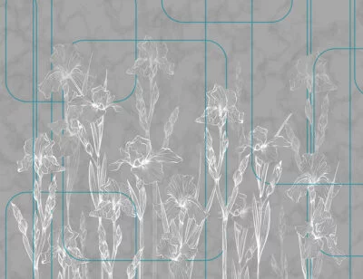 Gray minimalistic iris flowers wall mural in art-deco style