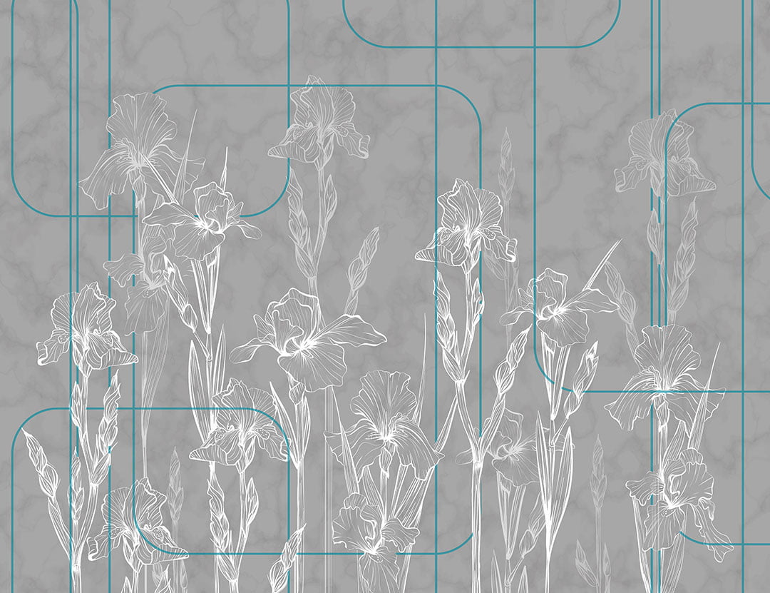 Gray minimalistic iris flowers wall mural in art-deco style