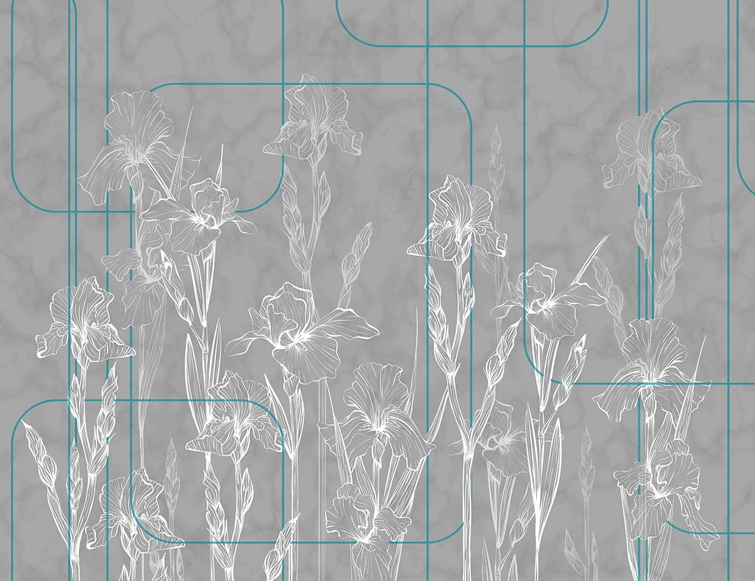 Gray minimalistic iris flowers wall mural in art-deco style