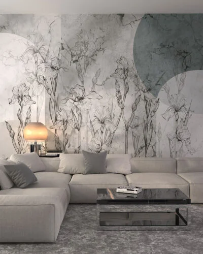 Geometric floral wall mural for the living room with irises