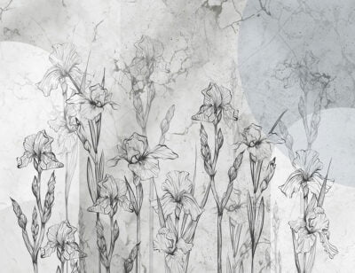Geometric gray floral wall mural with irises