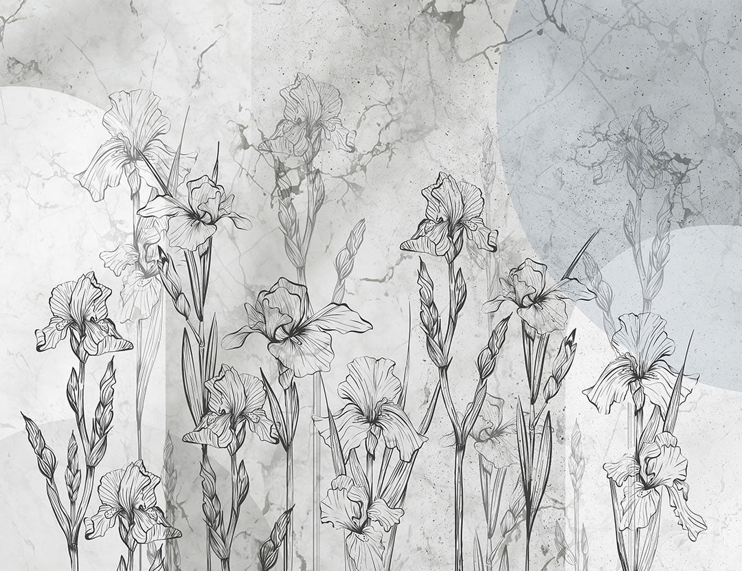 Geometric gray floral wall mural with irises