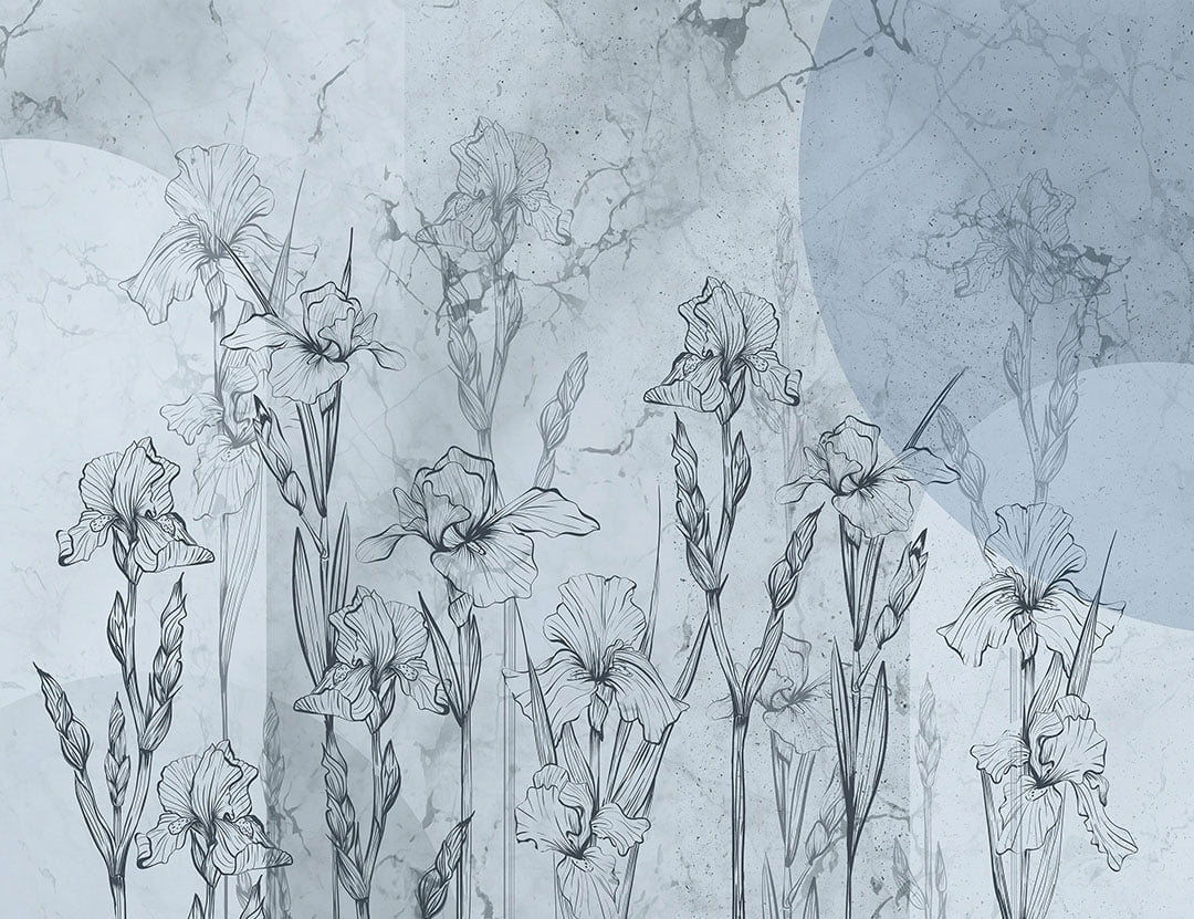 Geometric blue floral wall mural with irises