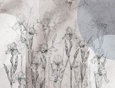 Geometric gray and blue floral wall mural with irises