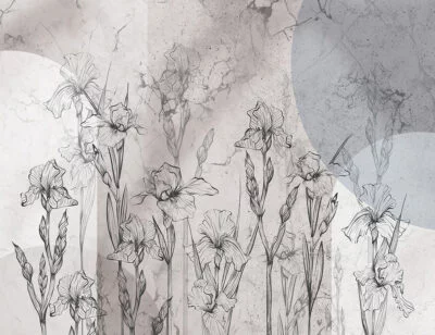 Geometric gray and blue floral wall mural with irises