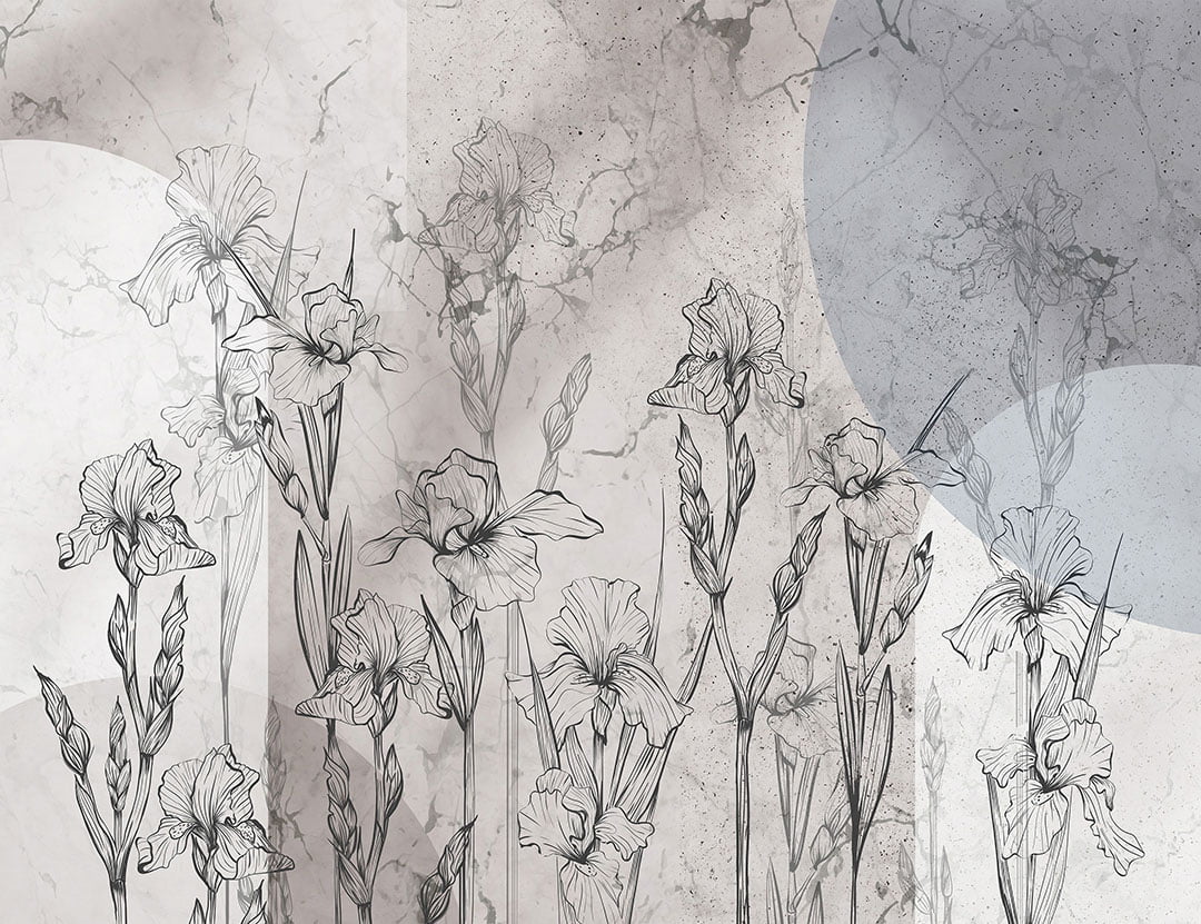 Geometric gray and blue floral wall mural with irises