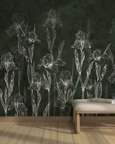 Minimalistic irises and marble wall mural for the living room