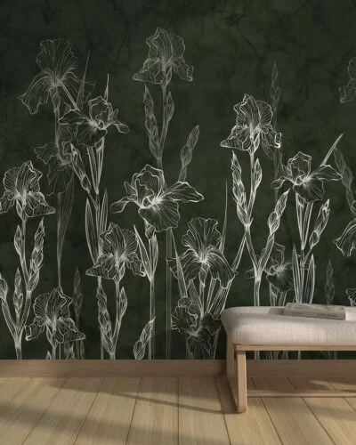 Minimalistic flower irises and marble wall mural for the living room