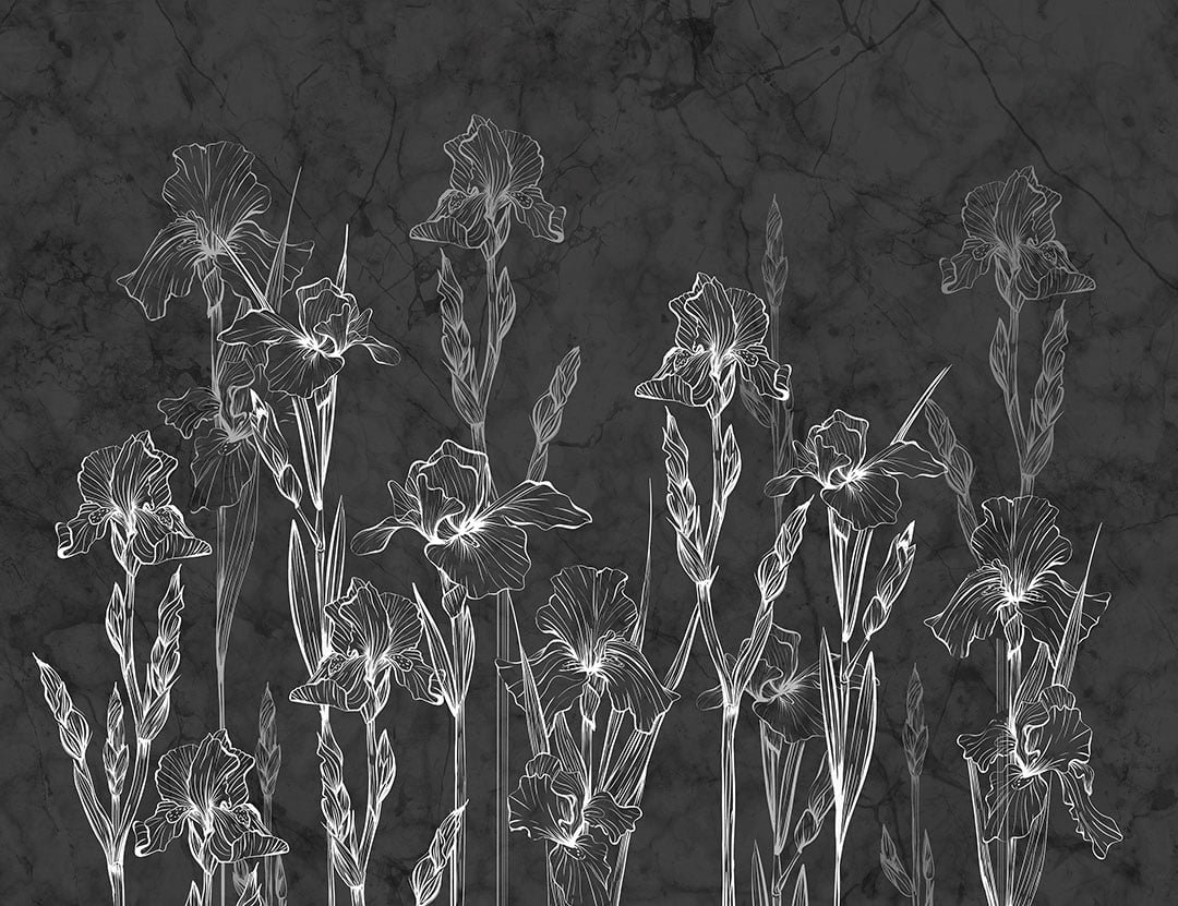 Minimalistic irises and dark marble wall mural