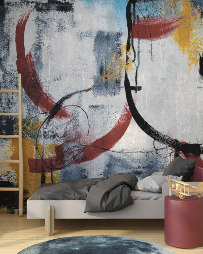 Abstract wall mural for a children's room with red, yellow and blue colors
