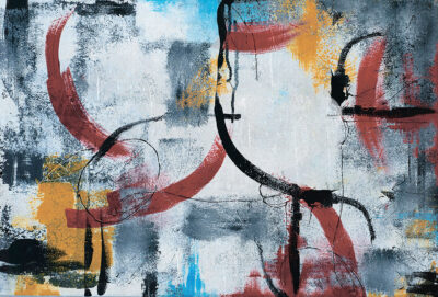 Abstract wall mural with red, yellow and blue colors