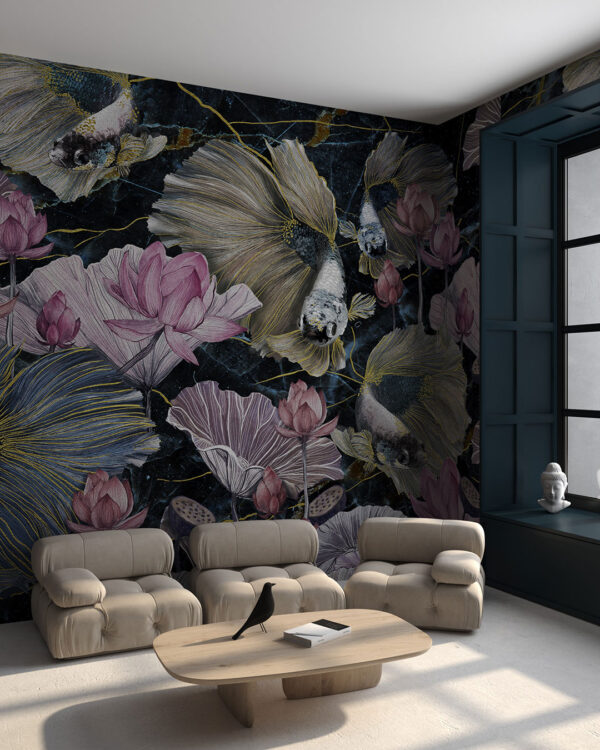 Colorful siamese fish with lotuses and marble wall mural for the living room