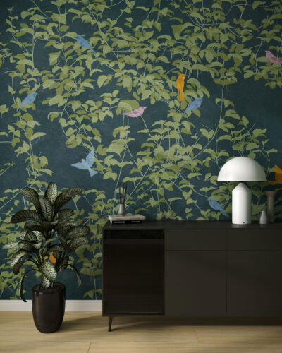Botanical wall mural in Chinoiserie style with colorful birds for the living room