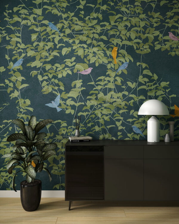 Nature wall mural in Chinoiserie style with colorful birds for the living room