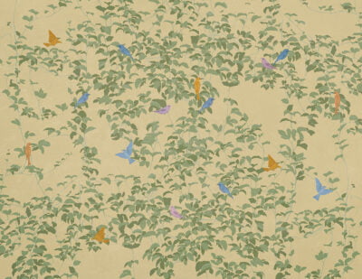 Nature wall mural in Chinoiserie style with colorful birds on the light background