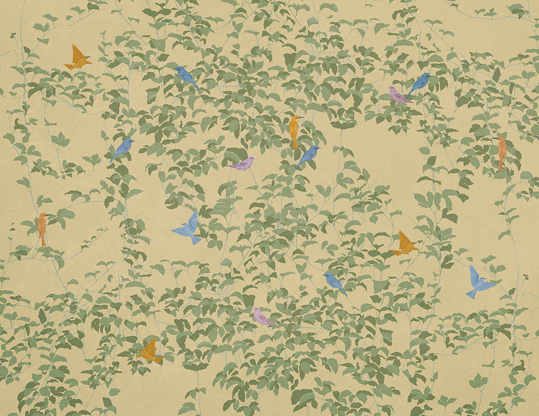 Nature wall mural in Chinoiserie style with colorful birds on the light background