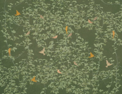 Nature wall mural in Chinoiserie style with colorful birds on the green background