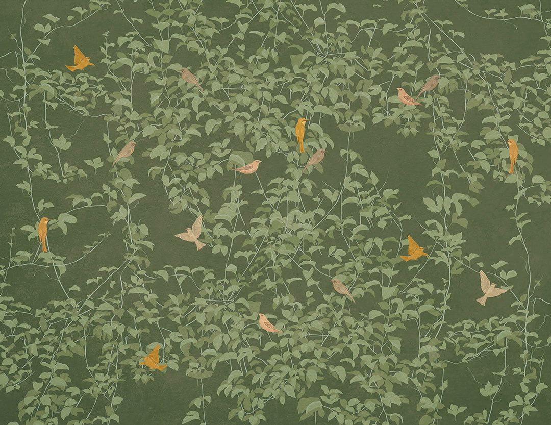 Nature wall mural in Chinoiserie style with colorful birds on the green background