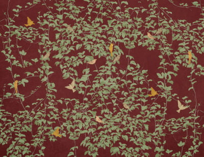 Nature wall mural in Chinoiserie style with colorful birds on the red background