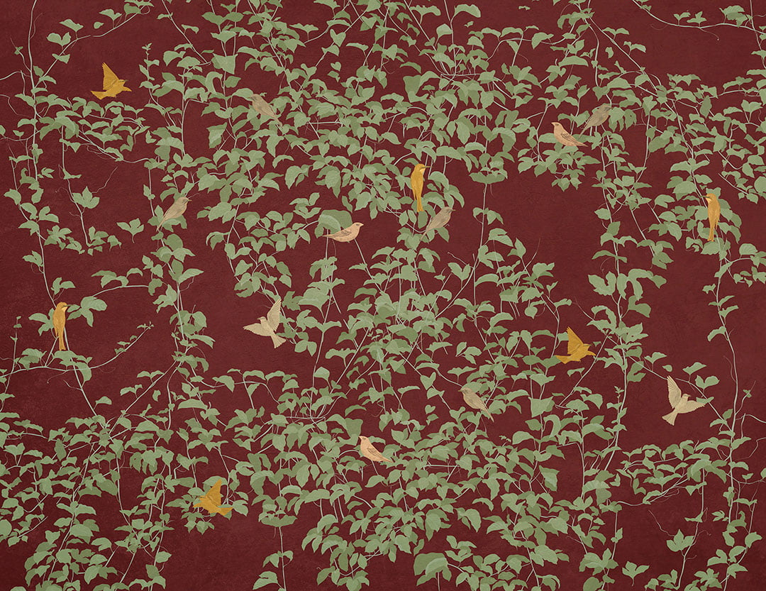 Nature wall mural in Chinoiserie style with colorful birds on the red background