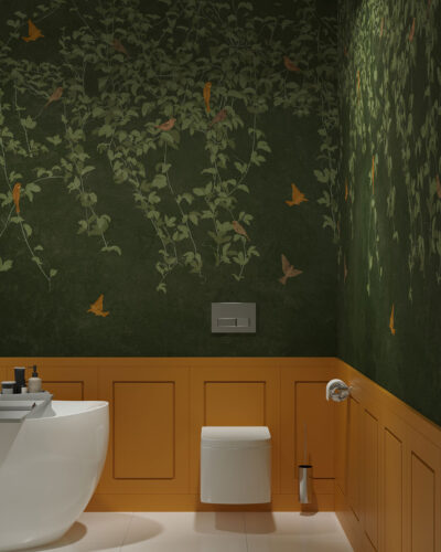 Botanical wall mural in Chinoiserie style with birds for the bathroom