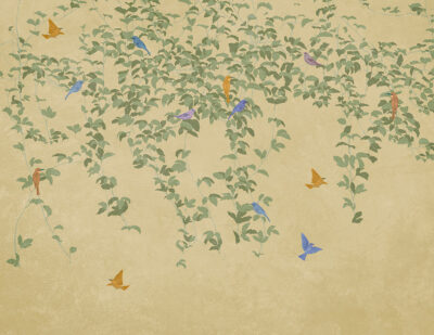 Botanical wall mural in Chinoiserie style with birds on the beige background