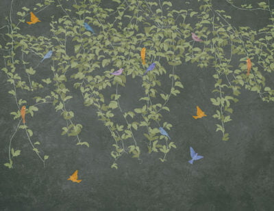 Botanical wall mural in Chinoiserie style with birds on the dark background