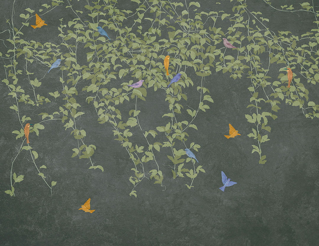 Botanical wall mural in Chinoiserie style with birds on the dark background