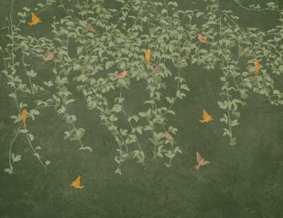 Botanical wall mural in Chinoiserie style with birds on the green background