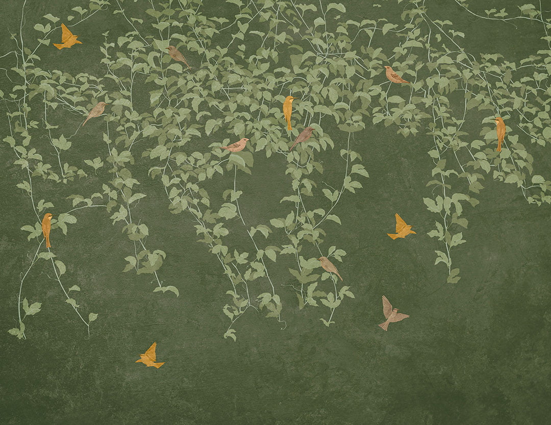 Botanical wall mural in Chinoiserie style with birds on the green background