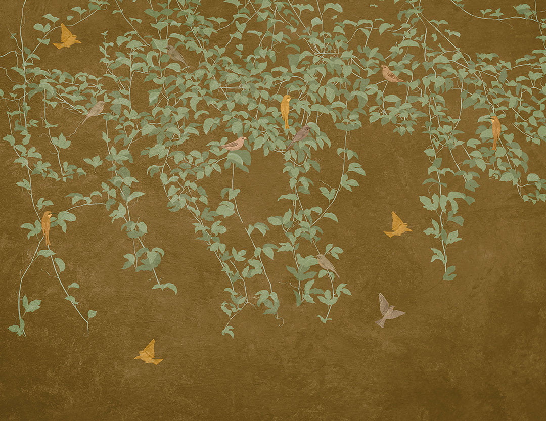 Botanical wall mural in Chinoiserie style with birds on the mustard background
