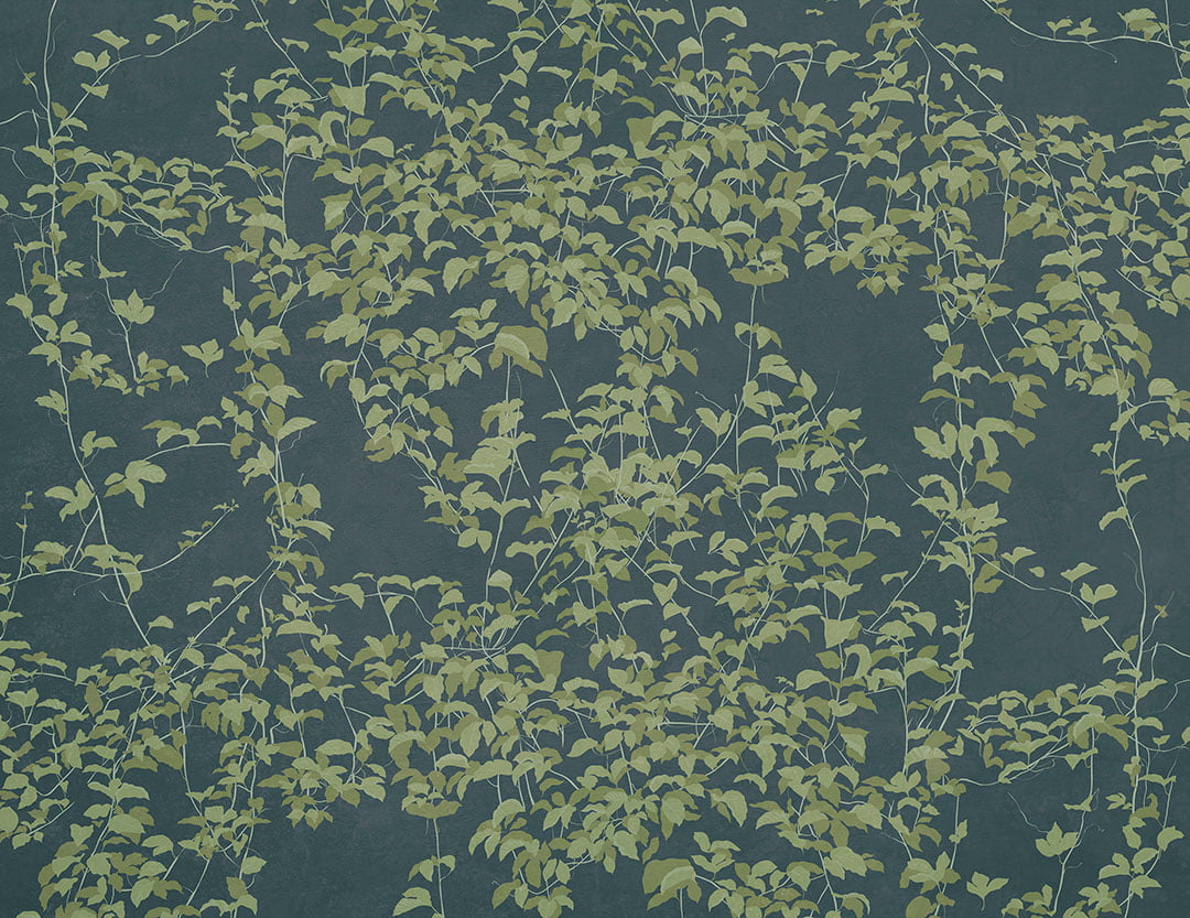 Botanical wall mural in Chinoiserie style on the blue background