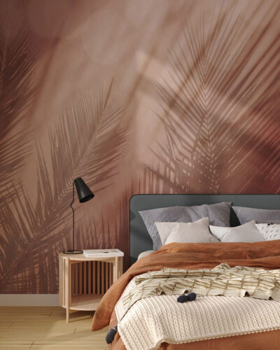 Wall mural for the bedroom with shadows of tropical leaves
