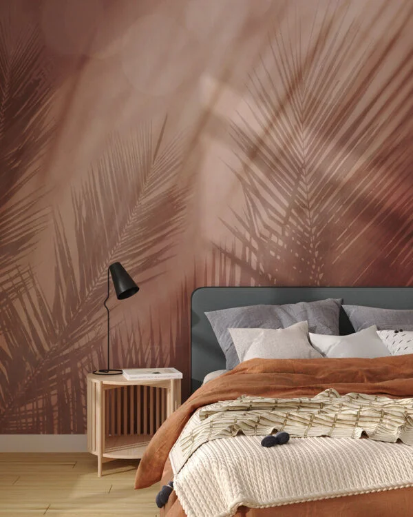 Wall mural for the bedroom with shadows of tropical leaves