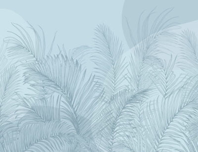 Blue tropical wall mural with illustrated palm leaves and geometric shapes